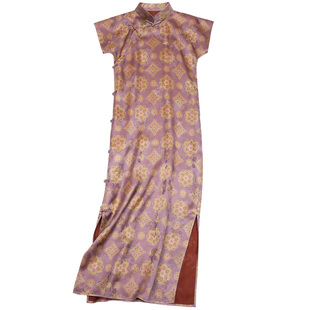 菲伊唐短袖真丝花萝红云纱连衣裙中式复古风斜襟薄女长款单旗袍裙