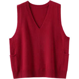 穿搭爆表~加厚V领100%羊绒马甲侧口袋背心纯羊绒毛衣坎肩宽松秋冬