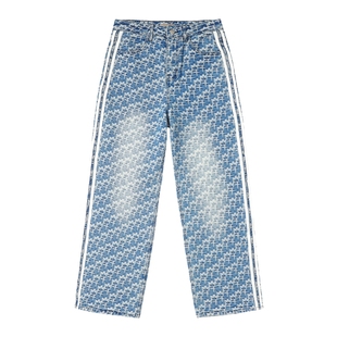 王文绮同款MISHKA美式复古学院风低腰阔腿牛仔长裤女老花满印