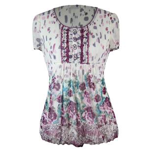 夏季中老年女士妈妈装漂亮时尚短袖蕾丝t恤圆领雪纺小花衫薄款上