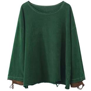 绿素棉 复古炒色棉制长袖T恤~拼色做旧 春破洞卷边宽松休闲上衣