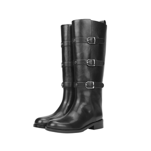 施迈亚进口头层小牛皮欧美风可调节皮带扣不过膝直筒百搭机车高靴