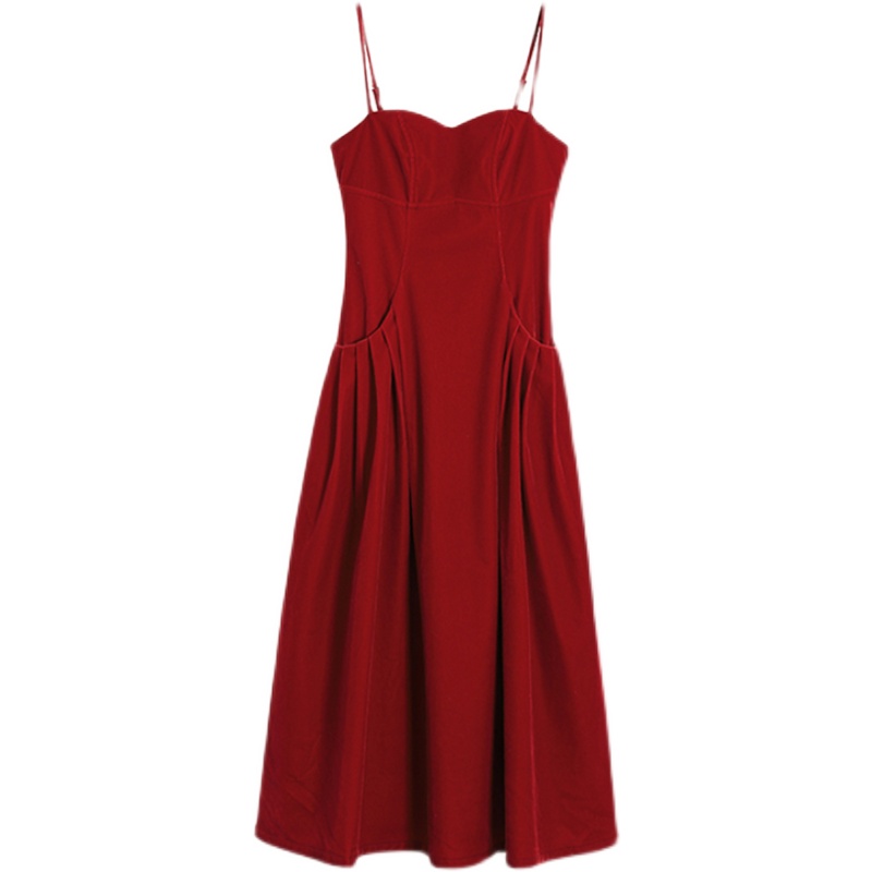 2023年秋季新款法式小香风仙女轻奢设计高级感红色礼服吊带连衣裙