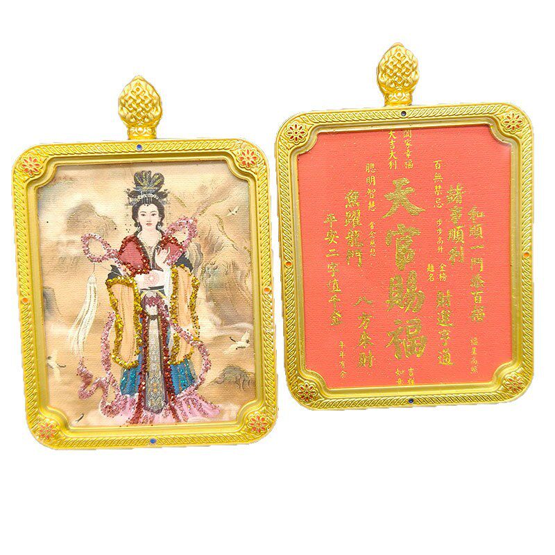 道家唐卡双面手绘彩金观音吊坠