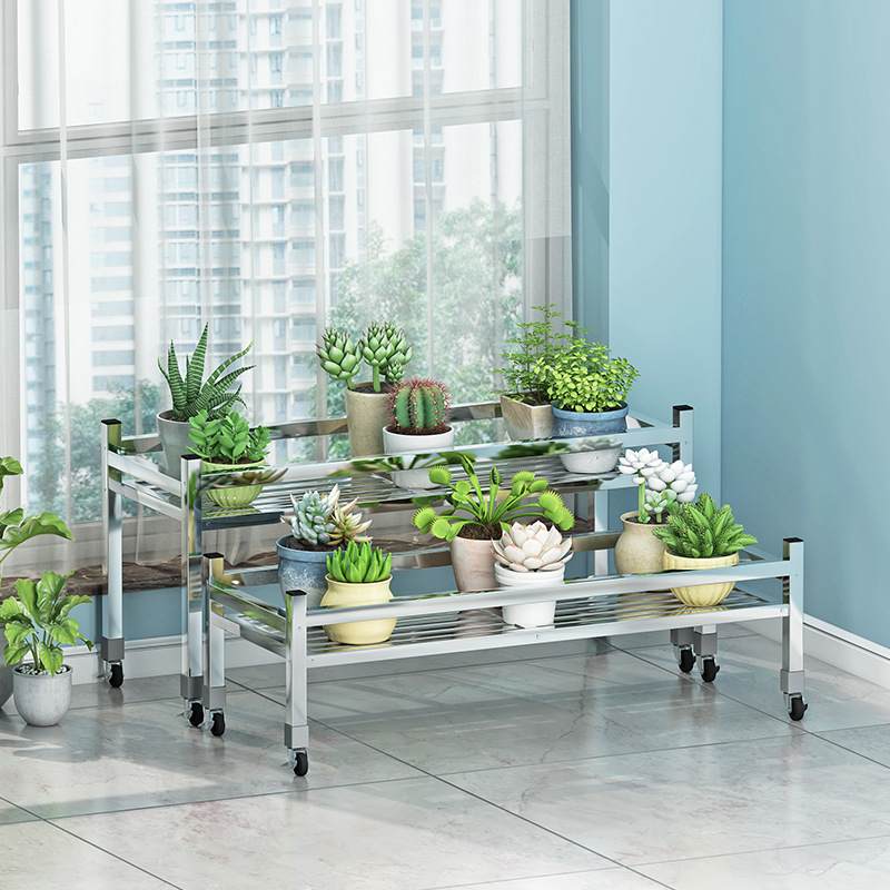 不锈钢花架带轮子加宽单层盆阳台家用移动省户外架子空间可置物架