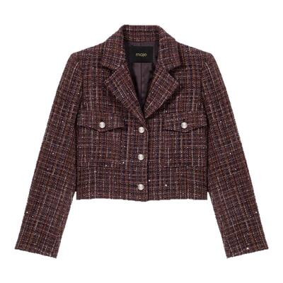 季末7折Maje2025秋冬款女装法式复古棕色粗花呢格纹单排扣外套