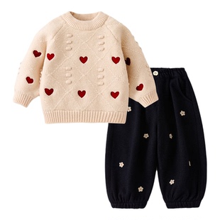 女童套装2025新款冬装红色新年衣服高级感时尚洋气小公主过年毛衣