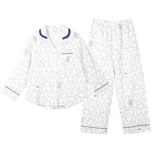 仕乐双层纱纯棉碎花开襟睡衣女小熊印花长袖长裤家居服套装可外穿