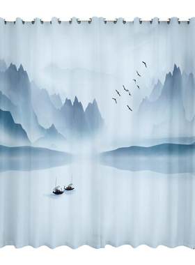 新中式水墨山水风景画窗帘纱帘