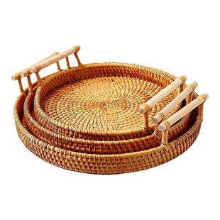 结婚订婚周岁藤编托盘圆形茶点心水果篮子糕点竹编小提篮满月百天