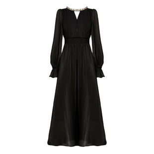 DPLAY【珠光星辰系列】2025年冬季新款黑色钉钻流光纱连衣裙长裙