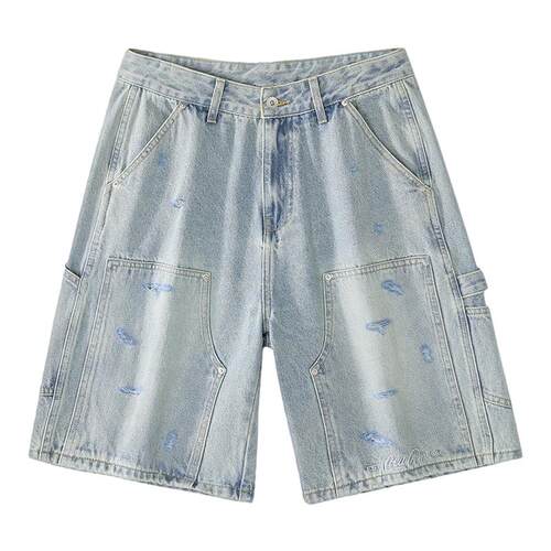 Coca-Cola/可口可乐 美式水洗做旧夏季男破洞伐木裤牛仔五分短裤