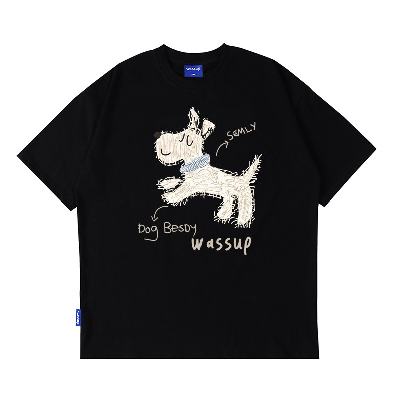 WASSUP绘画狗狗短袖T恤男女夏季