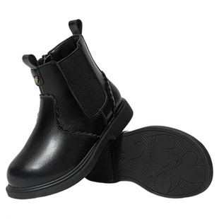 斯纳菲儿童皮靴女童短靴真皮2025秋冬新款小公主靴子黑色百搭时尚