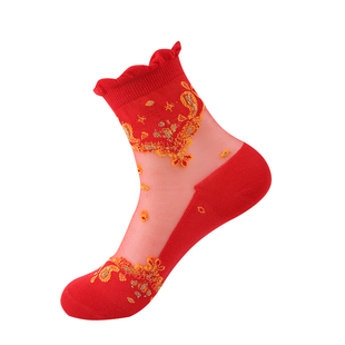 红袜子本命年纯棉属龙棉底丝袜玻璃丝大红色福字新年龙年中筒袜