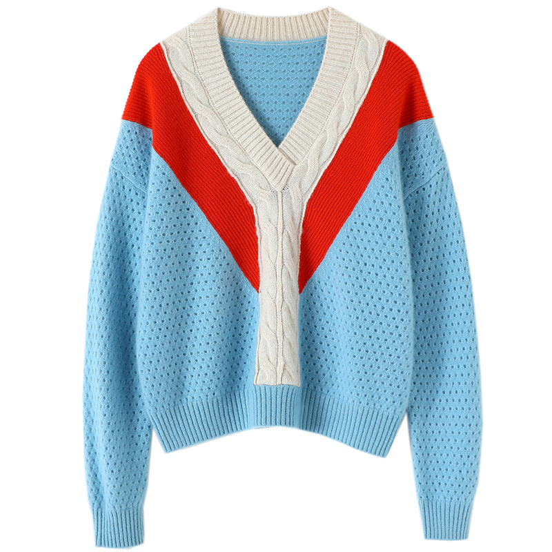 特美！难得一见！！加厚V领拼条山羊绒衫女纯羊绒毛衣针织衫新款