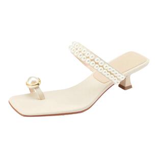 SHERO牧野 拖鞋女夏外穿方头夹趾凉鞋低跟串珠仙女风一脚蹬高跟鞋