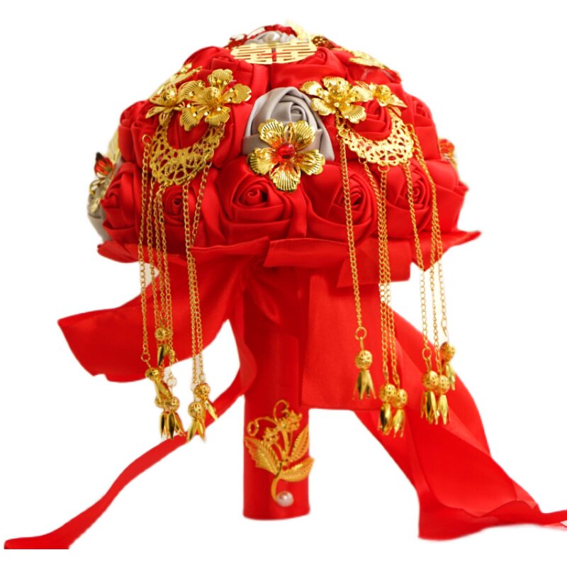新娘手捧花手工绸花中式婚礼新娘婚纱摄影仿真红玫瑰中国风秀禾服
