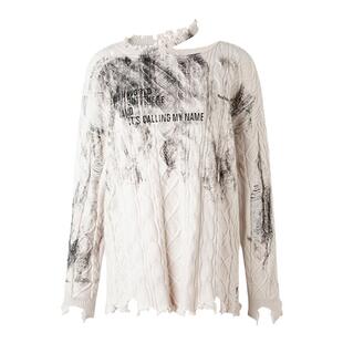 现货BE ALLKABUTO 复古脏洗毛衣慵懒露肩不规则破洞中长针织上衣