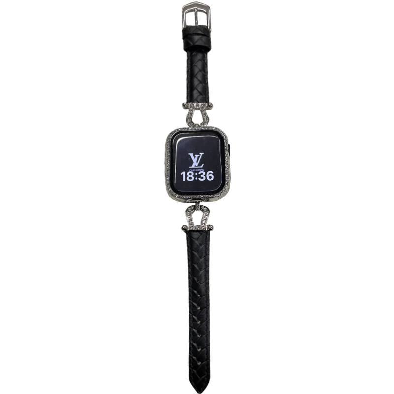 U字扣金属带钻真皮表带适用于s10987iwatch苹果手表65SE细款牛皮