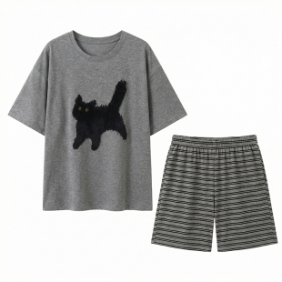 韩版短袖女士家居服卡通可爱带胸垫学生睡衣夏天洋气薄款休闲套装