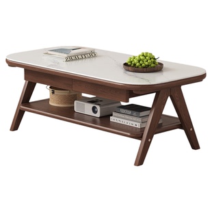 全实木茶几岩板客厅家用轻奢小户型新款储物带抽屉中古风阳台茶桌