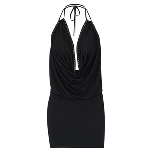 gusty欧美纯欲风荡领挂脖系带连衣裙女复古y2k辣妹铆钉设计包臀裙