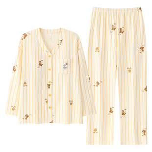 牧柔春季简约开衫女装睡衣宽松纯棉长袖卡通纽扣休闲女士睡衣套装