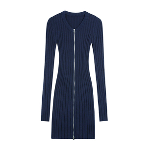 MULVAN【现货7折】长款双拉链针织开衫女修身显瘦两穿毛衣连衣裙