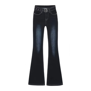 李李服饰加绒经典美式烟灰腰带微喇裤女2026冬季新款提臀牛仔裤