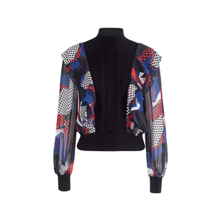 MARYLING玛俪琳2025秋新品蓝红窗花印花拼接半高领上衣A1FGW26350