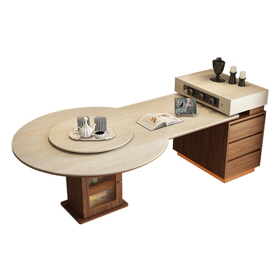 法式复古岛台餐桌小户型家用圆桌带转盘伸缩可变方圆两用岩板导台