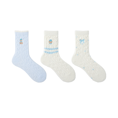 白色澳绒袜子女秋冬新款卡通刺绣立体浮雕中筒袜日系jk堆堆袜冬天