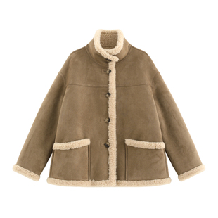 【拿铁】复古加厚两面穿100绵羊毛一体工艺保暖立领毛毛外套-5126