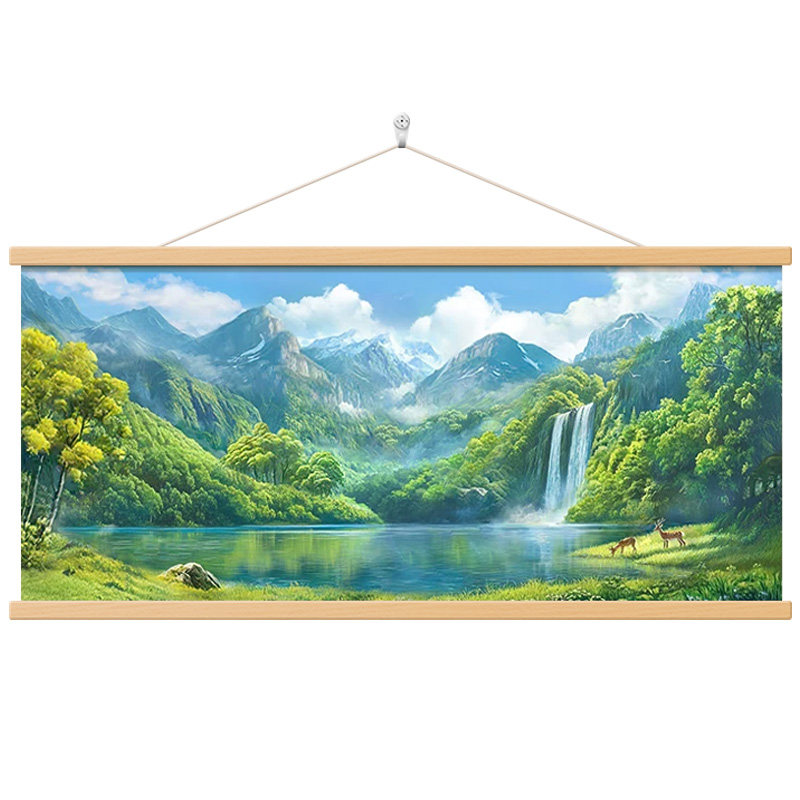 八方来财山水画餐厅背景卷轴挂画