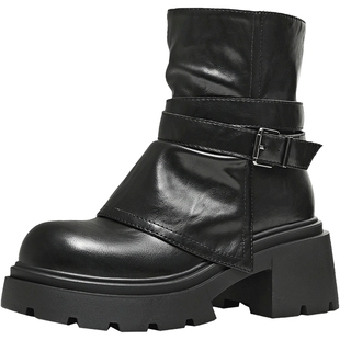 天美意复古厚底增高时装靴堆堆靴女鞋子粗跟短靴皮靴2025冬季新款