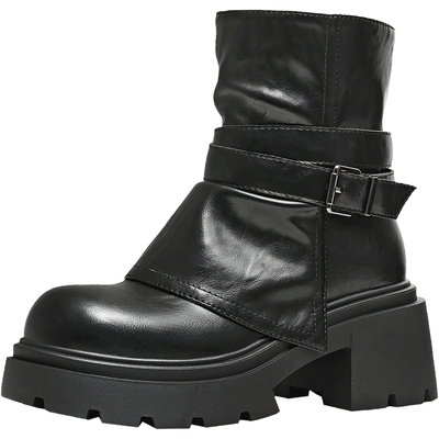 天美意复古厚底增高裤管堆堆靴女鞋子粗跟时装靴皮短靴冬新款