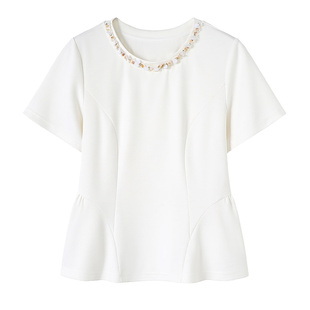 YBAI/亦白2026春季新款时尚百搭珍珠织带领碎褶显瘦正肩短袖t恤女