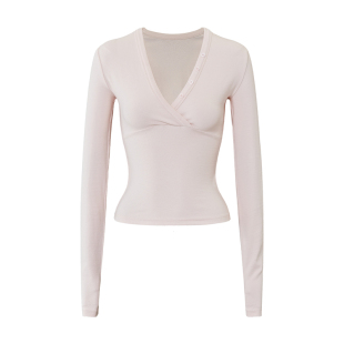 SMIIILE深V领交叉T恤女短款修身显瘦春季内搭上衣收腰气质打底衫