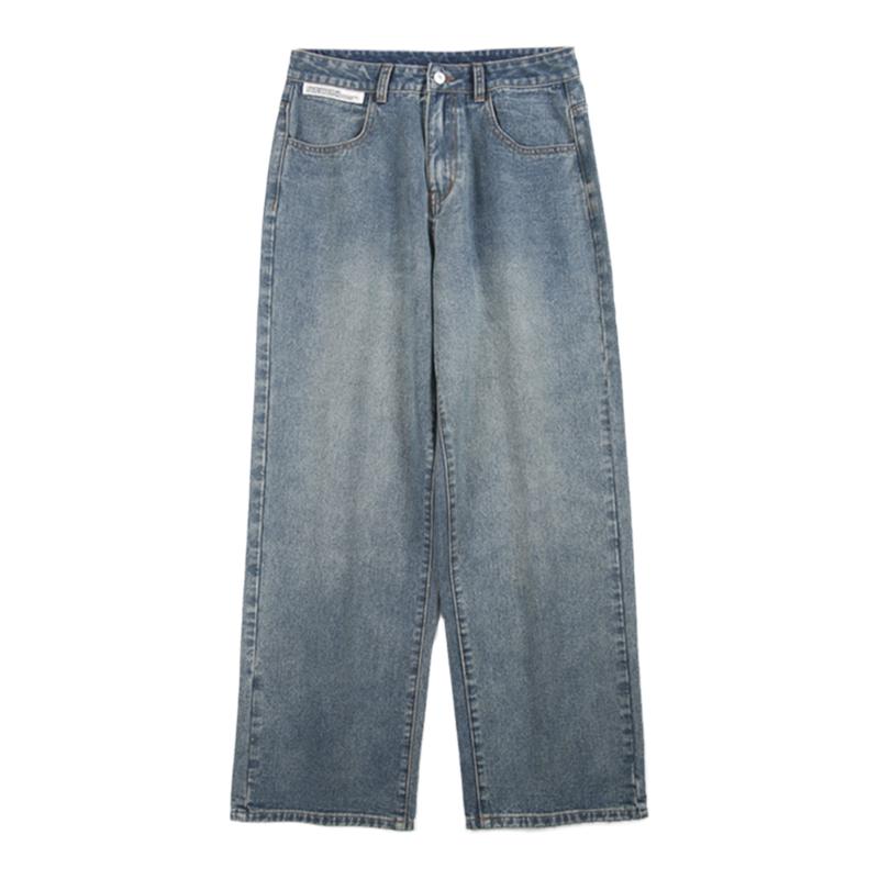 LKTM街头美式复古高街做旧牛仔裤男潮牌直筒阔腿休闲百搭长裤子