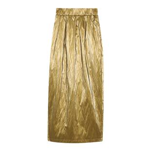 PaleBlueDot蓝点·原创设计师金色褶皱松紧腰花苞一步半裙