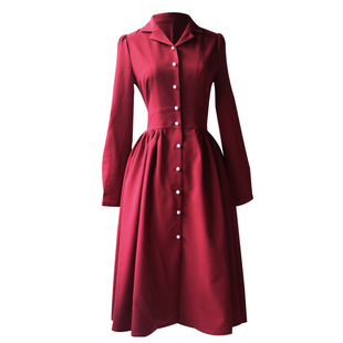 法式少女复古红色连衣裙赫本风长袖小红裙收腰显瘦大摆裙子春秋季