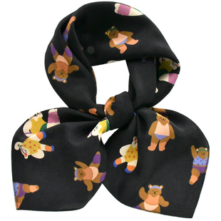 黑色跳操小熊儿童真丝丝巾男童女童桑蚕丝小方巾护颈围脖透气纱巾