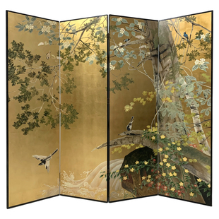 东方美学报喜花鸟艺术屏风金箔新中式客厅餐厅别墅民宿茶室折叠屏