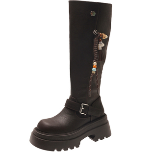 2025巨好看靴子长筒靴女粗腿小个子厚底黑色不过膝长靴高筒骑士靴