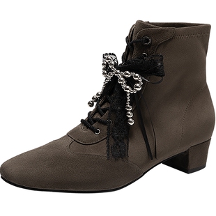 natursun英伦风时装靴女2025冬季新款粗跟复古短靴显高时尚春季