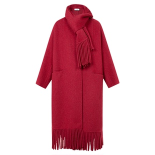 【李静同款】朗姿圆领流苏慵懒感毛呢外套简约优雅双面呢子大衣女