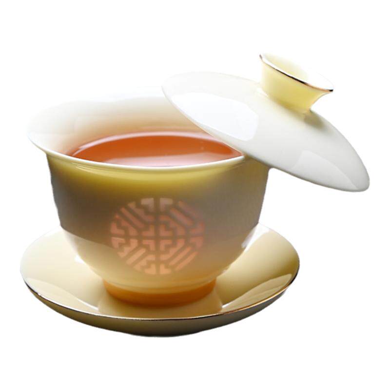 羊脂玉黄宝石玲珑整套茶具套装