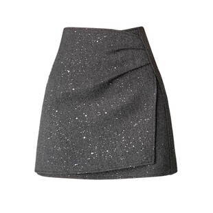 亮片高腰A字毛呢短裙女2025新款秋冬显瘦A字休闲小个子包臀半身裙