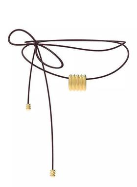 豆豆同款条纹吊坠项链皮绳钛钢